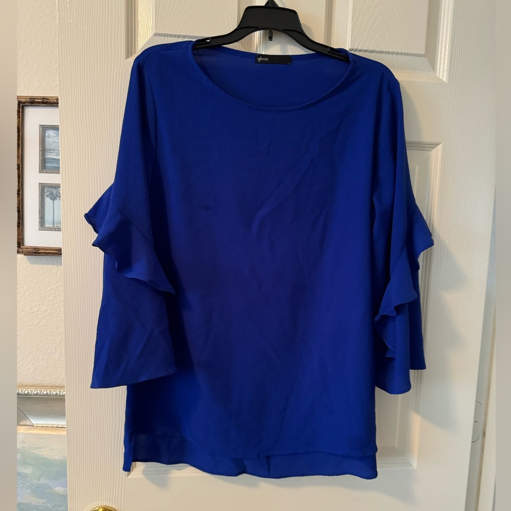 Gibson Royal Blue Ruffled Sleeve Blouse-Lg